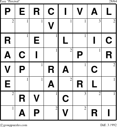 The grouppuzzles.com Easy Percival puzzle for  with the first 3 steps marked