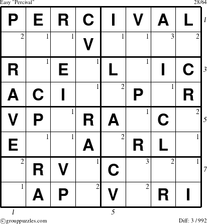 The grouppuzzles.com Easy Percival puzzle for  with all 3 steps marked