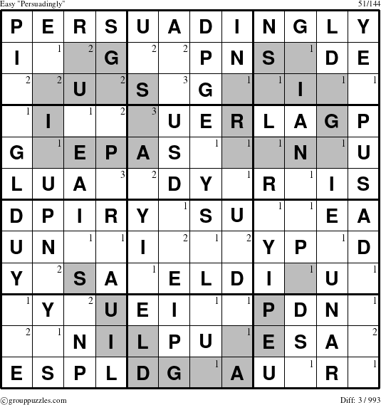 The grouppuzzles.com Easy Persuadingly puzzle for  with the first 3 steps marked