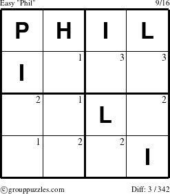 The grouppuzzles.com Easy Phil puzzle for  with the first 3 steps marked