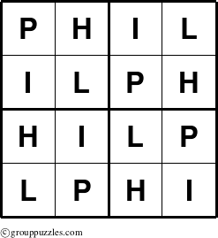 The grouppuzzles.com Answer grid for the Phil puzzle for 