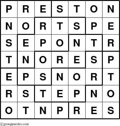 The grouppuzzles.com Answer grid for the Preston puzzle for 