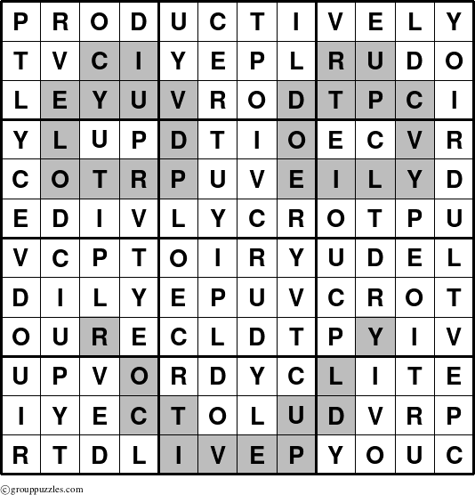 The grouppuzzles.com Answer grid for the Productively puzzle for 