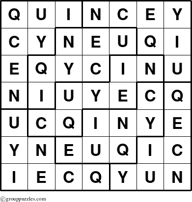 The grouppuzzles.com Answer grid for the Quincey puzzle for 