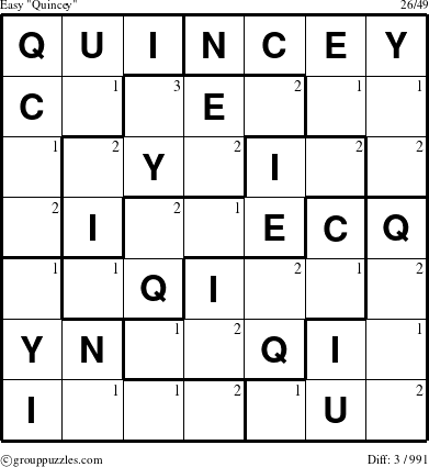 The grouppuzzles.com Easy Quincey puzzle for  with the first 3 steps marked