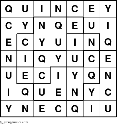 The grouppuzzles.com Answer grid for the Quincey puzzle for 