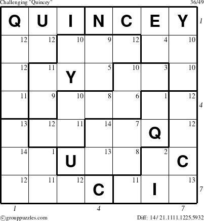 The grouppuzzles.com Challenging Quincey puzzle for  with all 14 steps marked