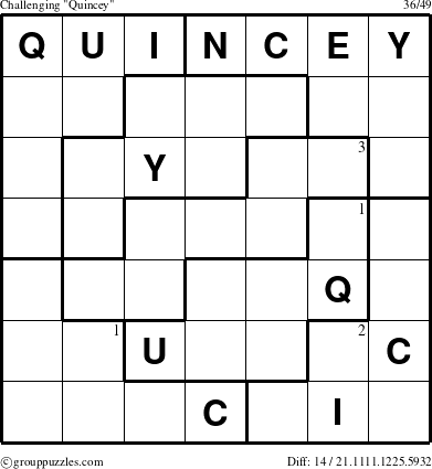 The grouppuzzles.com Challenging Quincey puzzle for  with the first 3 steps marked