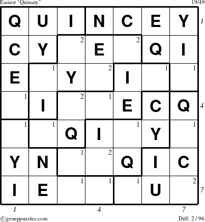 The grouppuzzles.com Easiest Quincey puzzle for , suitable for printing, with all 2 steps marked