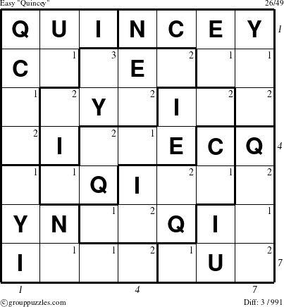 The grouppuzzles.com Easy Quincey puzzle for  with all 3 steps marked