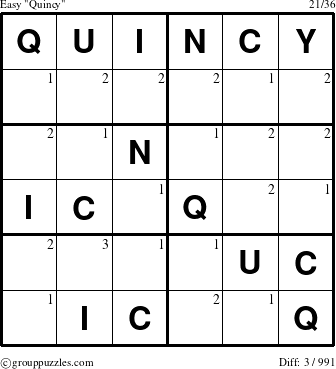 The grouppuzzles.com Easy Quincy puzzle for  with the first 3 steps marked