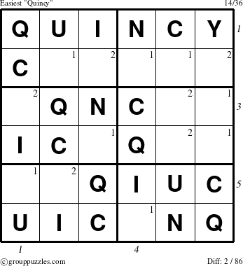 The grouppuzzles.com Easiest Quincy puzzle for , suitable for printing, with all 2 steps marked