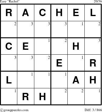 The grouppuzzles.com Easy Rachel puzzle for  with the first 3 steps marked