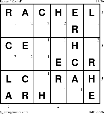 The grouppuzzles.com Easiest Rachel puzzle for , suitable for printing, with all 2 steps marked