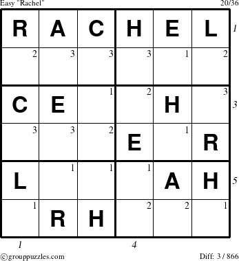 The grouppuzzles.com Easy Rachel puzzle for  with all 3 steps marked