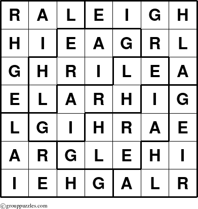 The grouppuzzles.com Answer grid for the Raleigh puzzle for 