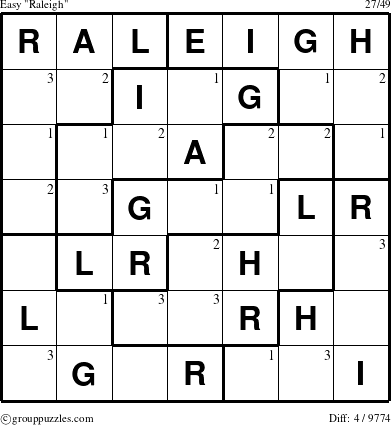 The grouppuzzles.com Easy Raleigh puzzle for  with the first 3 steps marked