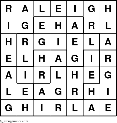 The grouppuzzles.com Answer grid for the Raleigh puzzle for 