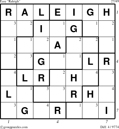 The grouppuzzles.com Easy Raleigh puzzle for  with all 4 steps marked