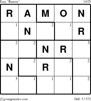 The grouppuzzles.com Easy Ramon puzzle for  with the first 3 steps marked