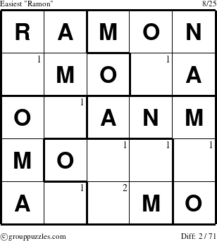 The grouppuzzles.com Easiest Ramon puzzle for  with the first 2 steps marked