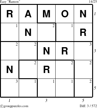 The grouppuzzles.com Easy Ramon puzzle for , suitable for printing, with all 3 steps marked