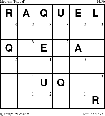 The grouppuzzles.com Medium Raquel puzzle for  with the first 3 steps marked