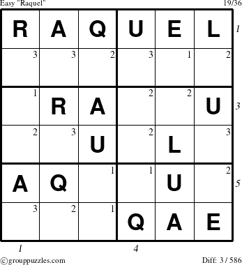 The grouppuzzles.com Easy Raquel puzzle for , suitable for printing, with all 3 steps marked