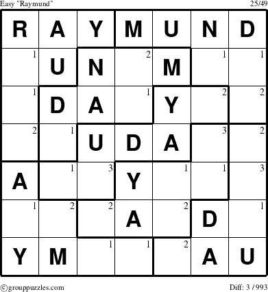 The grouppuzzles.com Easy Raymund puzzle for  with the first 3 steps marked