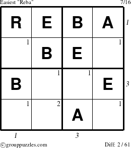 The grouppuzzles.com Easiest Reba puzzle for , suitable for printing, with all 2 steps marked