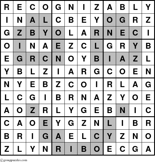 The grouppuzzles.com Answer grid for the Recognizably puzzle for 