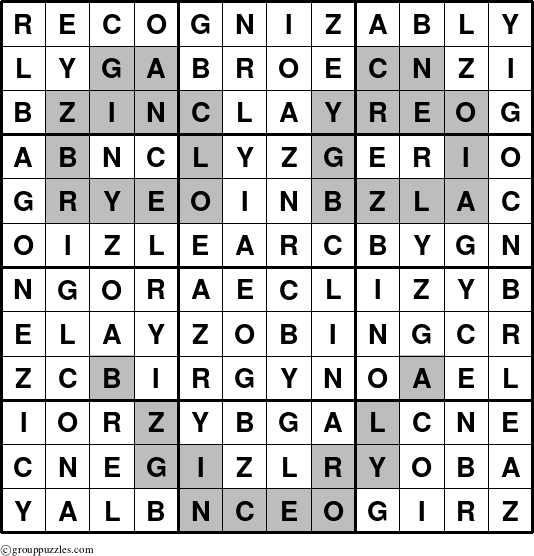 The grouppuzzles.com Answer grid for the Recognizably puzzle for 