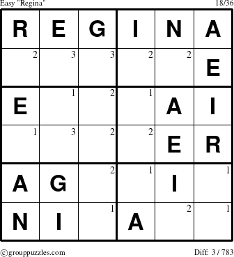 The grouppuzzles.com Easy Regina puzzle for  with the first 3 steps marked