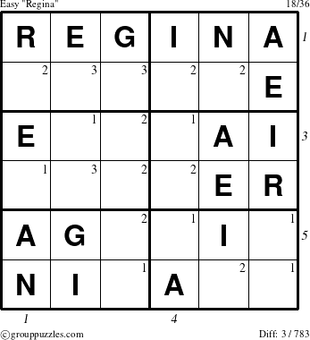 The grouppuzzles.com Easy Regina puzzle for  with all 3 steps marked