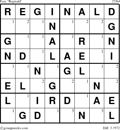 The grouppuzzles.com Easy Reginald puzzle for  with the first 3 steps marked