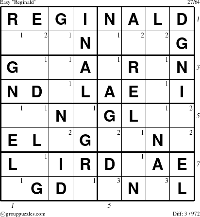 The grouppuzzles.com Easy Reginald puzzle for  with all 3 steps marked