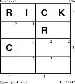 The grouppuzzles.com Easy Rick puzzle for , suitable for printing, with all 3 steps marked