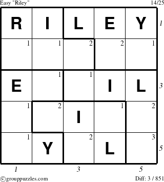 The grouppuzzles.com Easy Riley puzzle for , suitable for printing, with all 3 steps marked