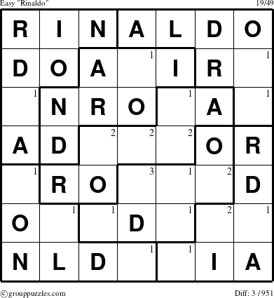 The grouppuzzles.com Easy Rinaldo puzzle for  with the first 3 steps marked