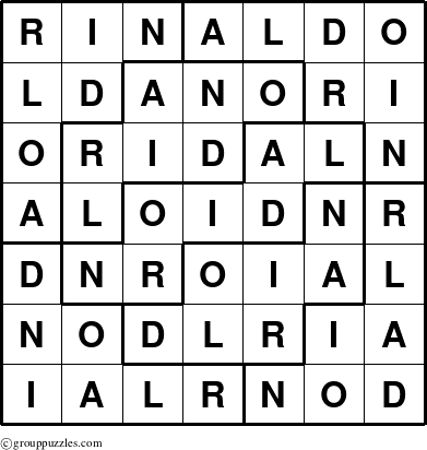 The grouppuzzles.com Answer grid for the Rinaldo puzzle for 