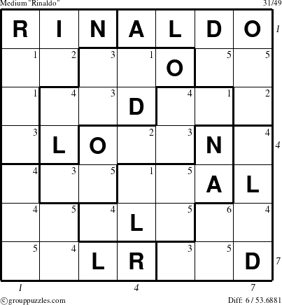 The grouppuzzles.com Medium Rinaldo puzzle for  with all 6 steps marked