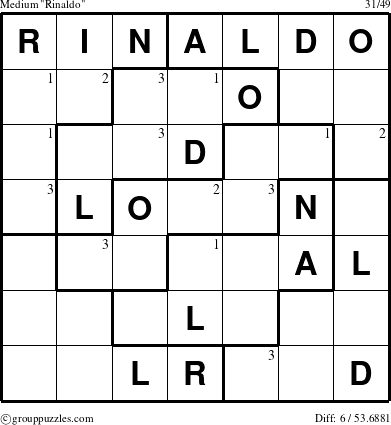 The grouppuzzles.com Medium Rinaldo puzzle for  with the first 3 steps marked