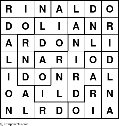 The grouppuzzles.com Answer grid for the Rinaldo puzzle for 