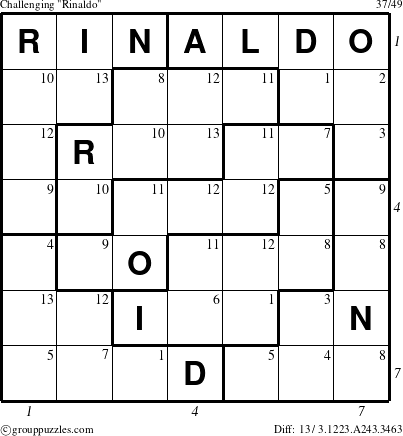 The grouppuzzles.com Challenging Rinaldo puzzle for , suitable for printing, with all 13 steps marked