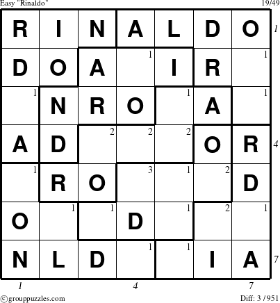 The grouppuzzles.com Easy Rinaldo puzzle for  with all 3 steps marked