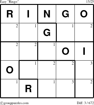 The grouppuzzles.com Easy Ringo puzzle for  with the first 3 steps marked