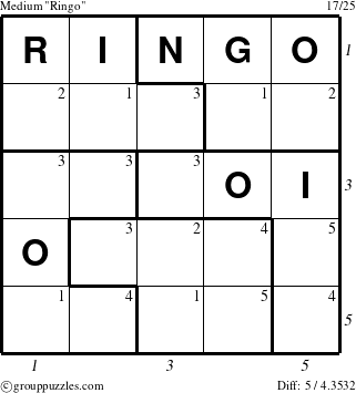 The grouppuzzles.com Medium Ringo puzzle for  with all 5 steps marked