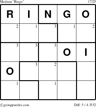 The grouppuzzles.com Medium Ringo puzzle for  with the first 3 steps marked