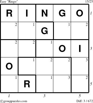 The grouppuzzles.com Easy Ringo puzzle for  with all 3 steps marked