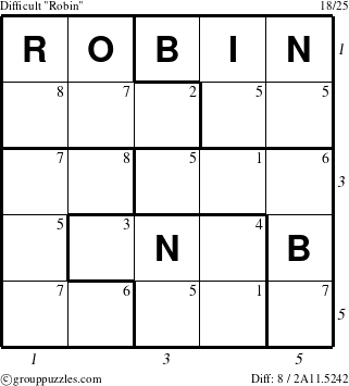 The grouppuzzles.com Difficult Robin puzzle for , suitable for printing, with all 8 steps marked